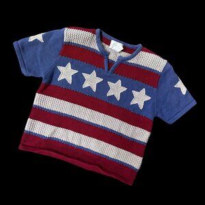American Flag Sweater Medium Patriotic Stars Stripes Red Blue Hand Embroidered